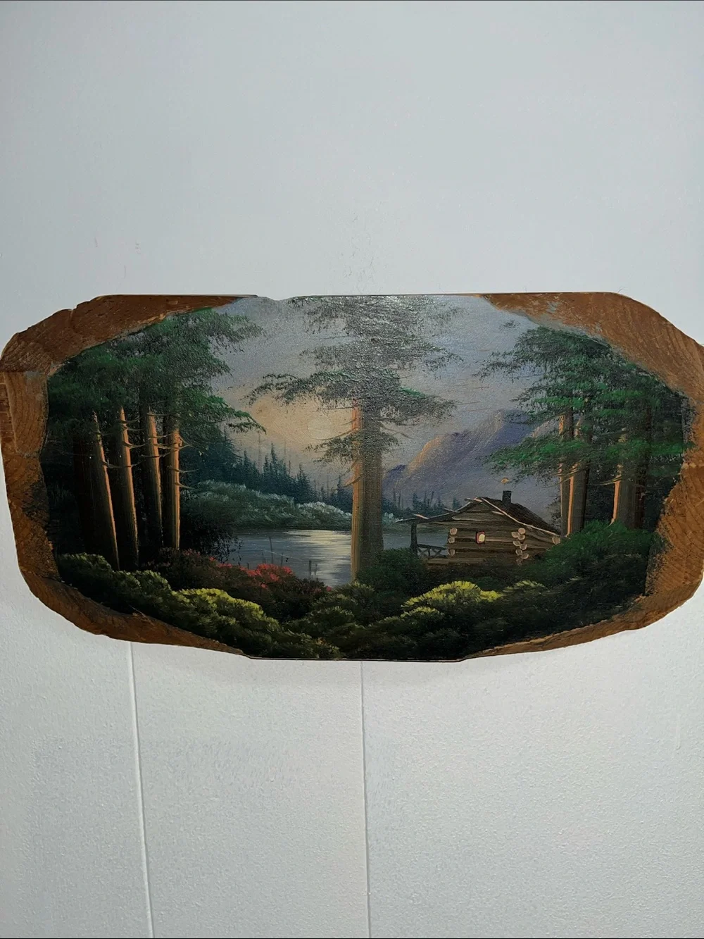Hand painted wood cabin scene (Joe Breckenridge) possibly wall decor